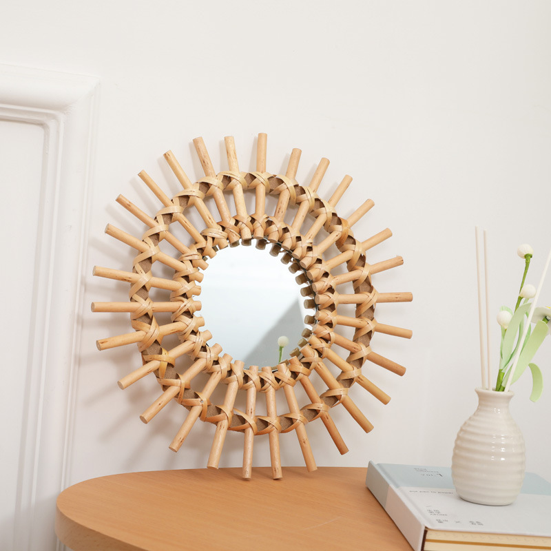Rattan Mirror Round - Boho 등나무 벽 거울, 수제 짠