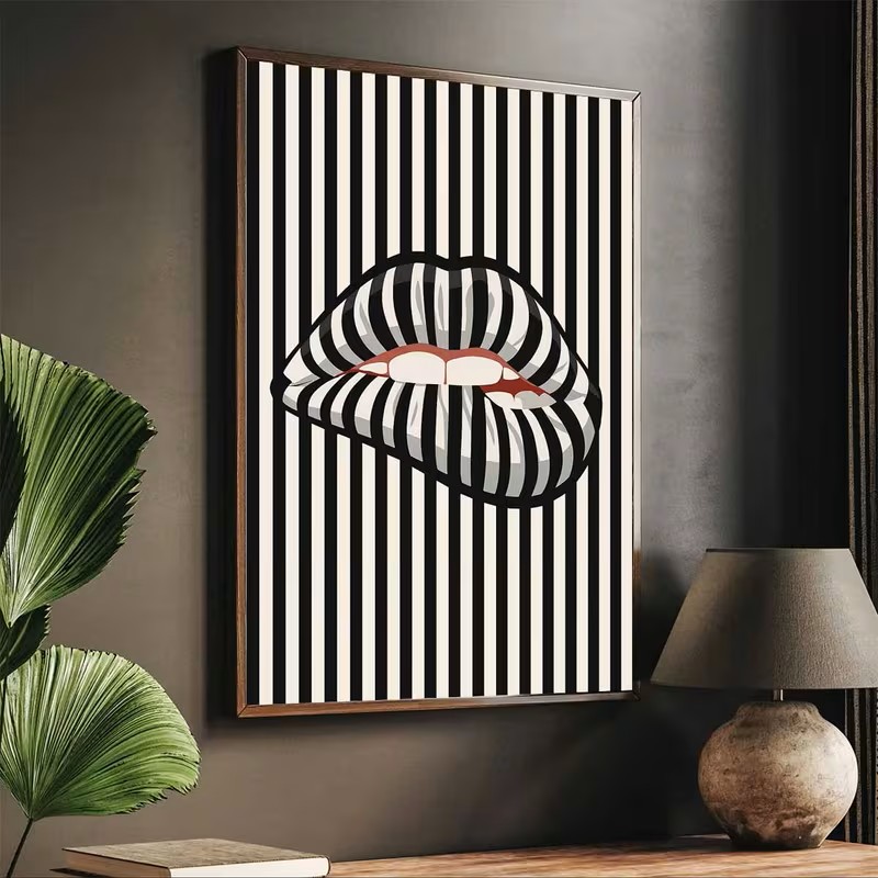 간단하고 추상적인 줄무늬 입술 모양의 캔버스 포스터 아 - Interior Design Apartment 리뷰 및 가격