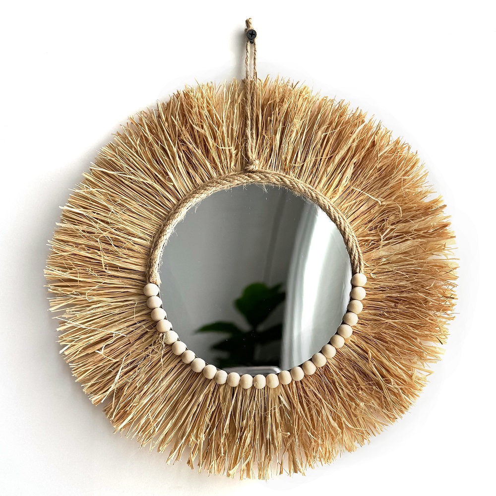 수제 Boho 라피아 거울 벽 장식 장식 소박한 Boh - Rattan Mirror Round 리뷰 및 가격